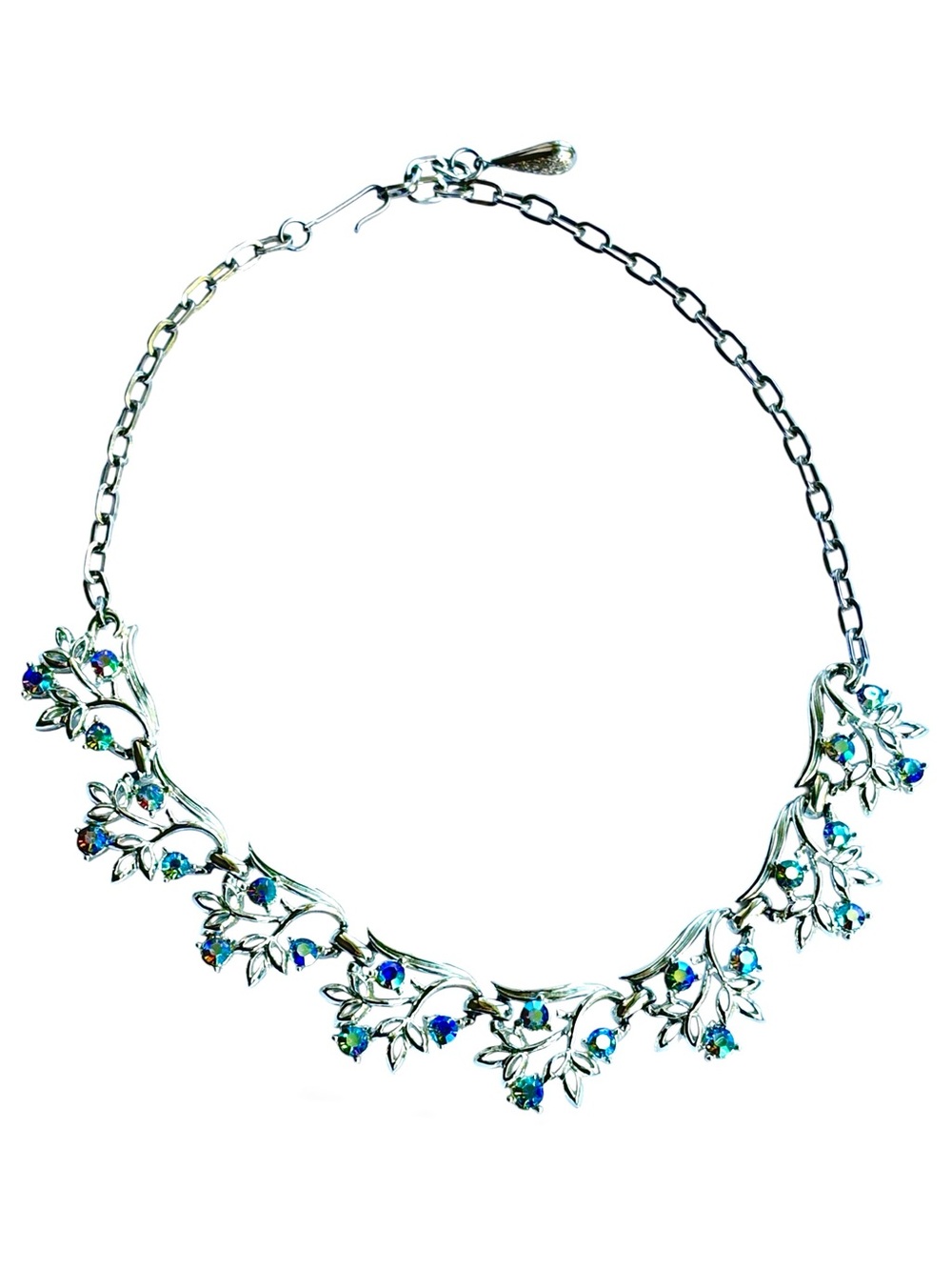Coro Signed Vintage AB Crystal Silver Tone Leaf Collar Necklace 1950s